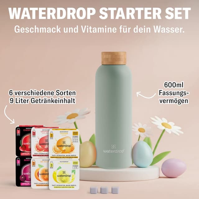 Detalle de waterdrop® Starter Set 600 ml Trinkflasche mit 18 zuckerfreien Microdrinks (Edelstahl, kohlensäuregeeignet)