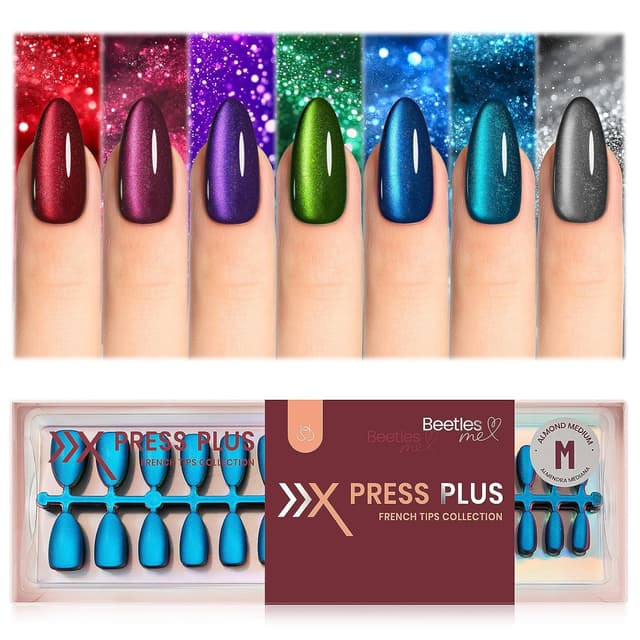 Detalle de Beetles Enchanted Aurora Cat Eye Press On Nails (Gel Polish) — Medium Almond, 7 Colors, 16 Sizes, 224 Pieces