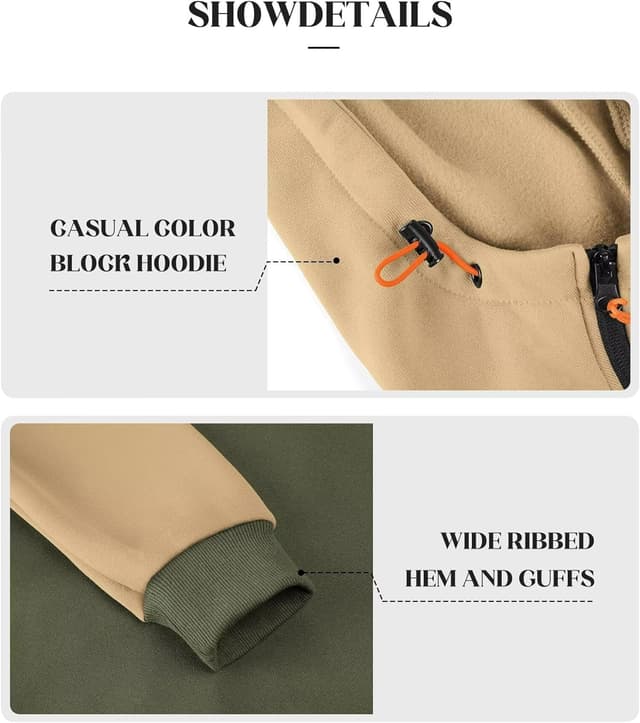 Detalle 2 de Elainone Men’s Zip Up Hoodie with Fleece Lining (Colour Block) – Warm, Pockets & Full-Length Zip, UK Size M–3XL