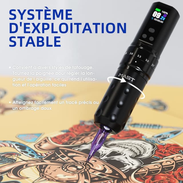 Detalle de Mast Fold2 Pro Kit de tatouage sans fil rotatif (RCA) avec 2 batteries 2000 mAh