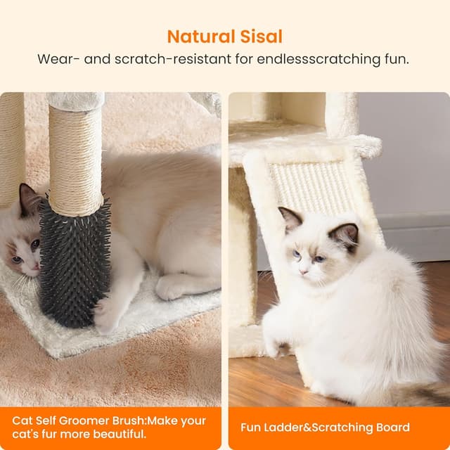 Thumbnail 6 de Heybly Cat Tree with Self Groomer Brush (108cm) HCT005SM – beige cat tower with scratching post, padded perch & basket