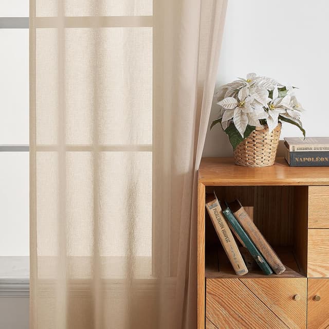 Detalle 2 de EMEMA 2er-Set Sheer-Voile-Gardinen mit Ösen, 140 x 225 cm (B x H) – transparent für Wohnzimmer & Schlafzimmer, Beige