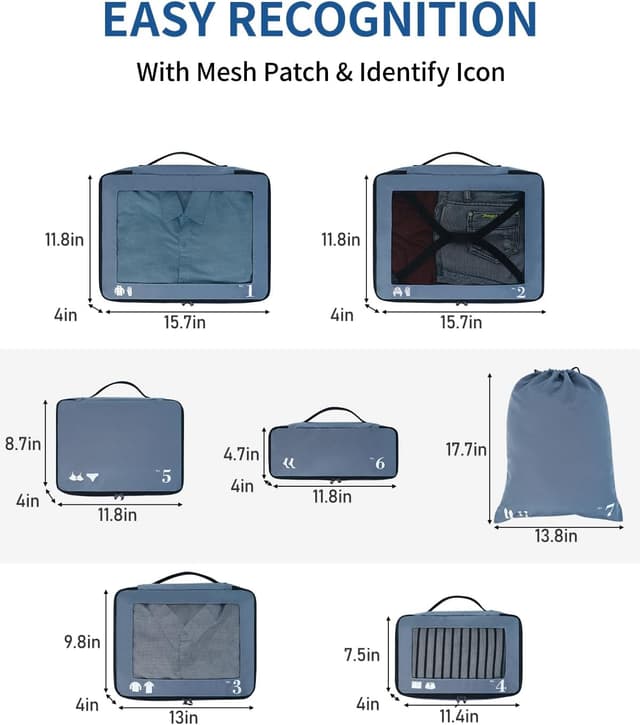 Detalle 2 de ECOHUB 7-piece Packing Cubes set in recycled PET (Blue) for suitcase and travel organisers