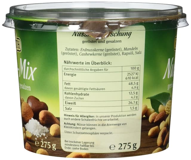 Detalle 2 de Kluth Nuss-Mix 275 g im 6er Pack – geröstet, gesalzen mit Erdnuss-, Cashew- und Mandelkernen