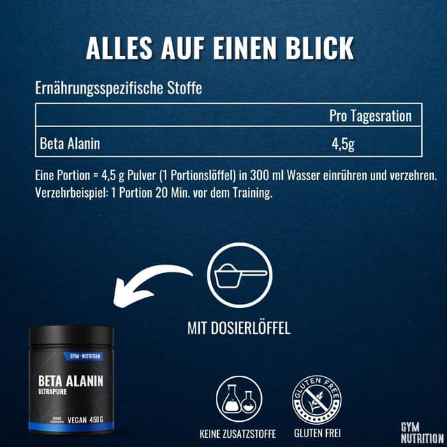 Detalle de Beta Alanin Pulver 450 g – 99% Aminosäure Beta-Alanine, vegan & in Deutschland produziert