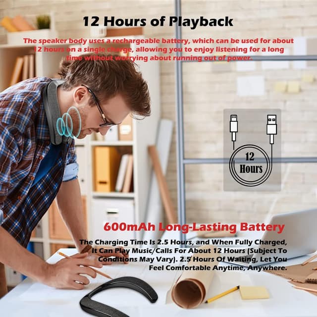 Detalle de Smaloyd Bluetooth Nackenlautsprecher tragbar mit Mikrofon – kabelloser Neckband für Sport und Alltag