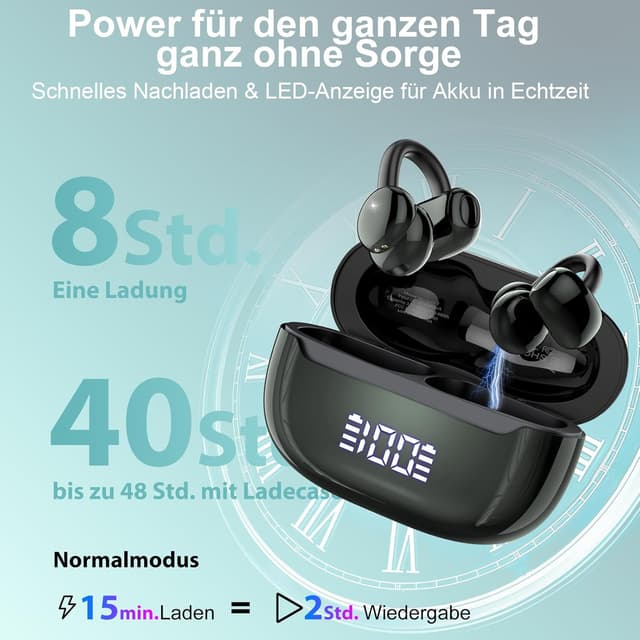 Detalle de Open Ear Bluetooth 5.4 Ohrclip-Kopfhörer mit DNN Geräuschunterdrückung, Gaming- & Musikmodus, IPX7
