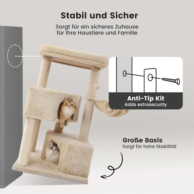 Detalle 2 de Gardner Pet Katzenbaum groß (105 cm) mit Kratzsäule, 2 Höhlen und Plattform – Beige