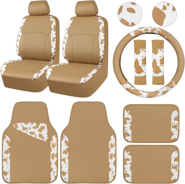 Detalle de CAR PASS Cow Print Faux Leather Car Seat Covers & Car Mats Set (Beige)