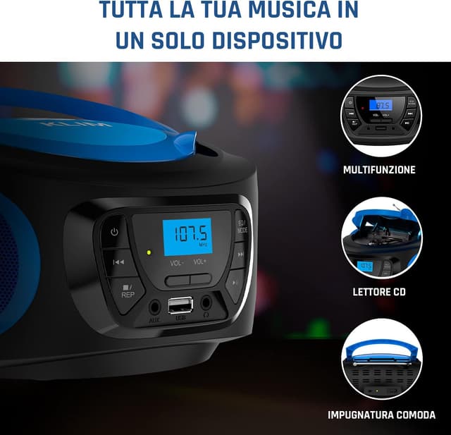 Detalle de KLIM Boombox – Radio FM portatile stereo con lettore CD, Bluetooth e USB (batterie ricaricabili incluse)