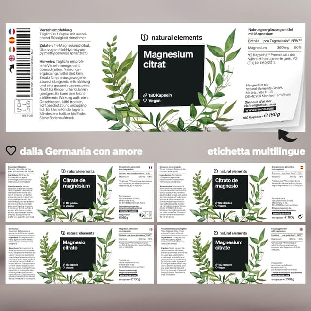 Detalle de Magnesio Citrato Premium in capsule Natural Elements – 2320 mg, con 360 mg di magnesio elementare per dose giornaliera