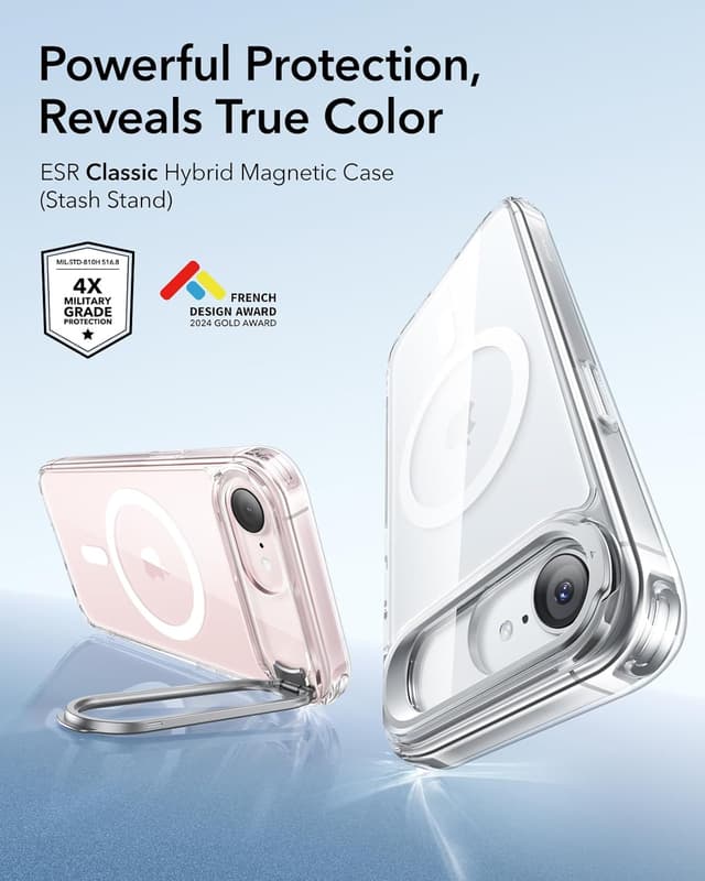 Detalle de ESR MagSafe case for iPhone 17e/16e with built-in stand and military-grade drop protection (clear)