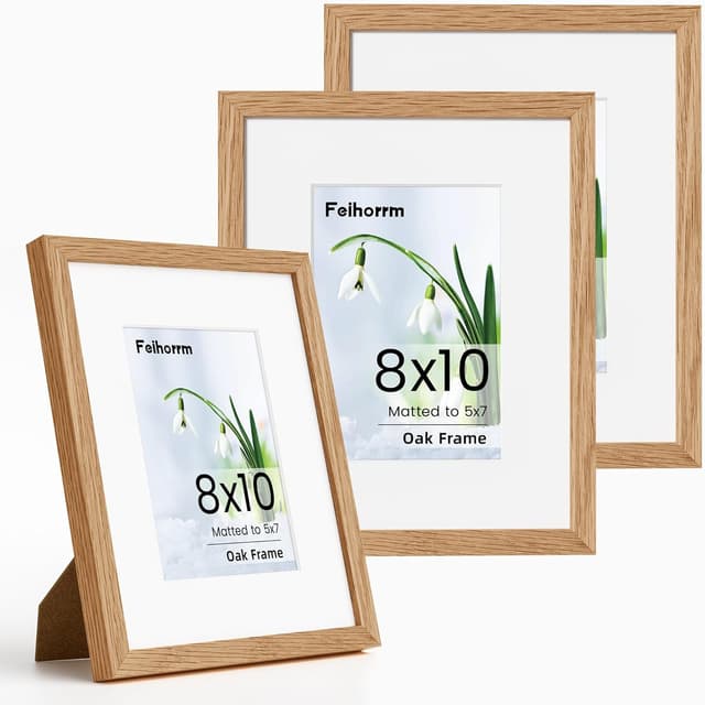 Detalle de Feihorrm 8x10 Oak Photo Frame (3 Pack) for 5x7 Matted Prints with Tempered Glass