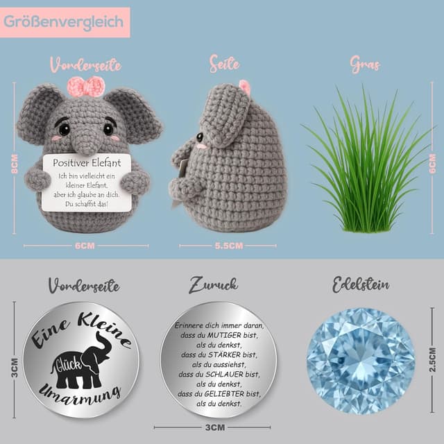 Detalle 2 de Tixlux Pocket Hug Positiver Elefant – Strickfigur mit Glücksbringer-TonToken als Mutmacher-Geschenk (Rosa)