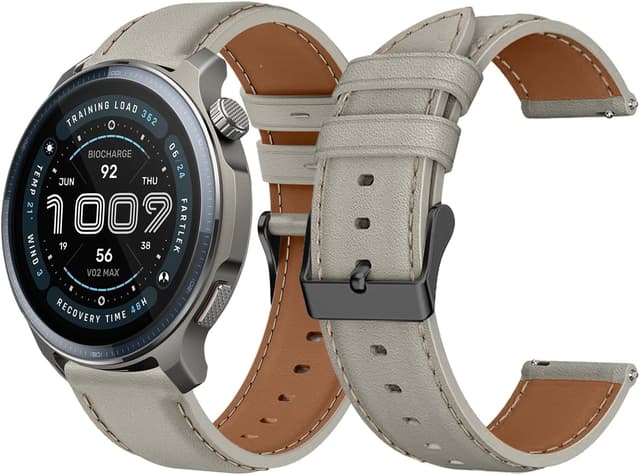 Detalle de LanQii Lederarmband (22 mm) für Amazfit Active Max, T-Rex 3 Pro & mehr – Hellgrau