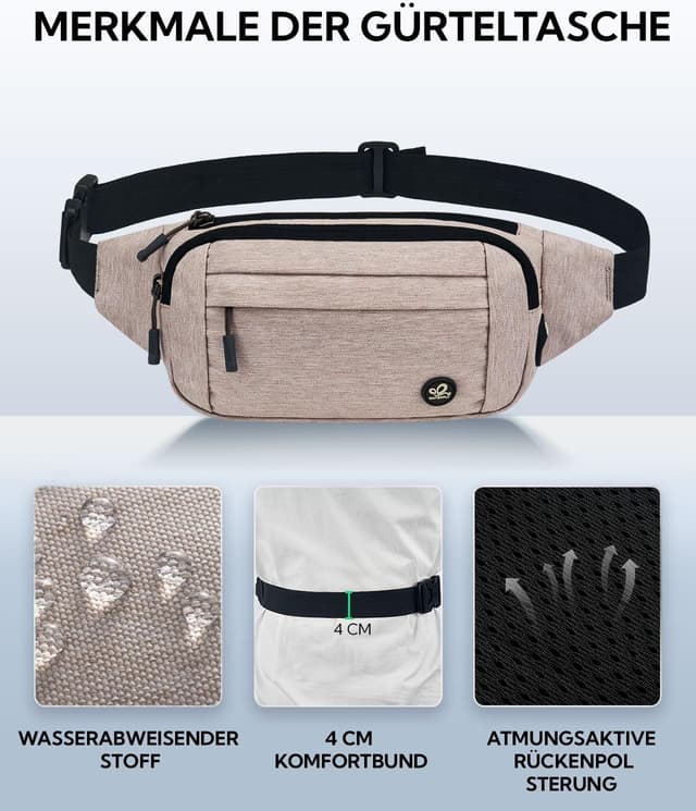 Detalle de WATERFLY Bauchtasche / Hüfttasche klein für Herren & Damen – Sport-Bum-Bag in Beige mit Verlängerungsgurt