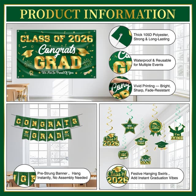 Detalle de M AMFEOV 2026 Green and Gold Graduation Party Decor Set with Congrats Grad Banner, Backdrop & Balloons