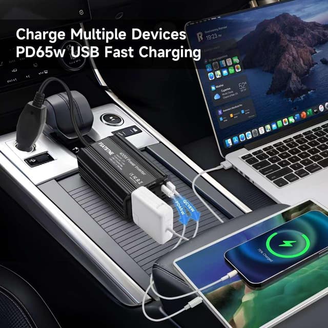 Detalle de FSATBTNE 400W Power Inverter (DC 12V to 110V AC) with 65W USB-C, 18W USB-A, and 2 AC Outlets