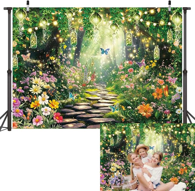 Detalle 1 de Enchanted Forest Fairy Garden Photography Backdrop (8x6FT) – Vinyl photo background for spring party décor