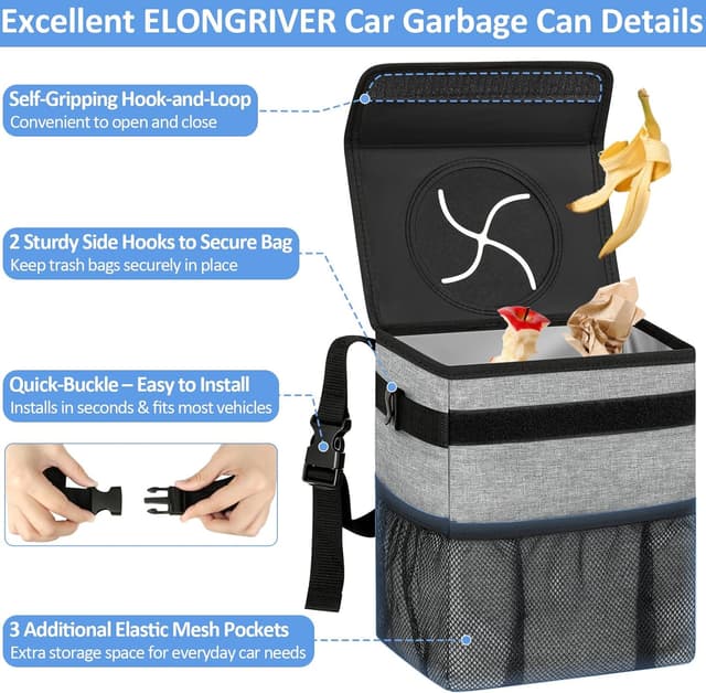 Thumbnail 3 de ELONGRIVER Car Trash Can Leak-Proof 1L 🗑