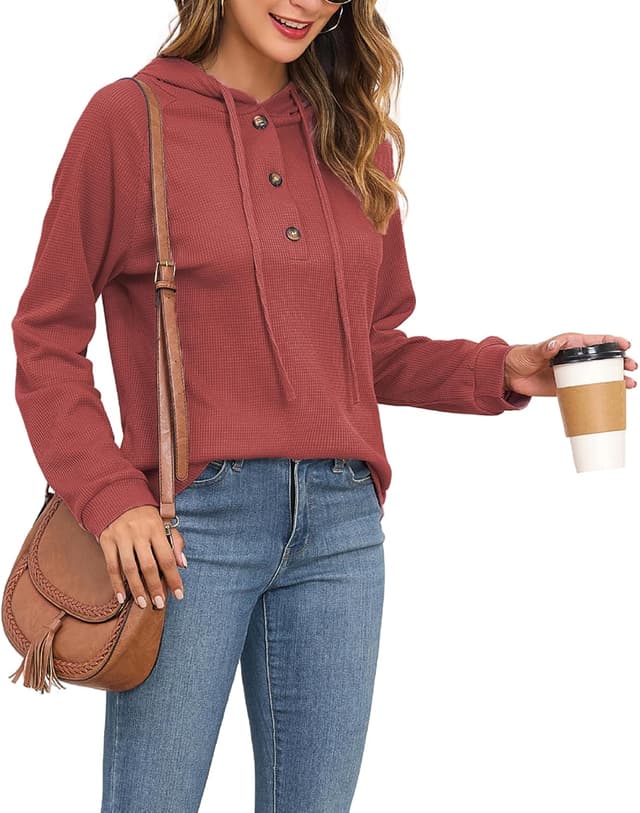 Detalle de SENBATU sweat à capuche femme à manches longues, col en V boutonné et cordon