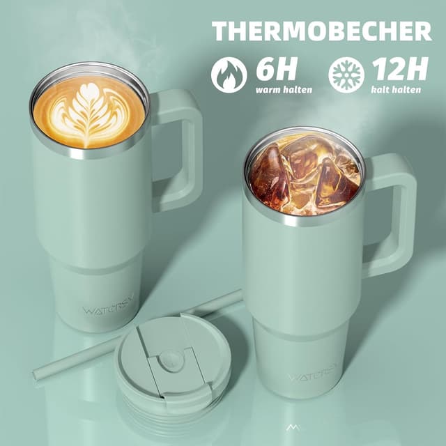 Detalle 2 de WATERSY 1,2 l Thermobecher mit 2 Strohhalmen – vakuumisoliert, BPA-frei, auslaufsicher unterwegs (Retro Grün)