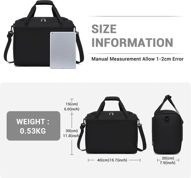 Detalle de KONO Ryanair Handgepäck-Tasche 40x30x20 cm – 24-Liter Weekender mit Schultergurt (Schwarz)