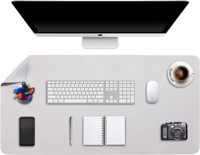 Detalle de DOBAOJIA Desk Pad Large (Dual-Side PU Leather) — extended mouse mat & desk blotter, light gray/silver