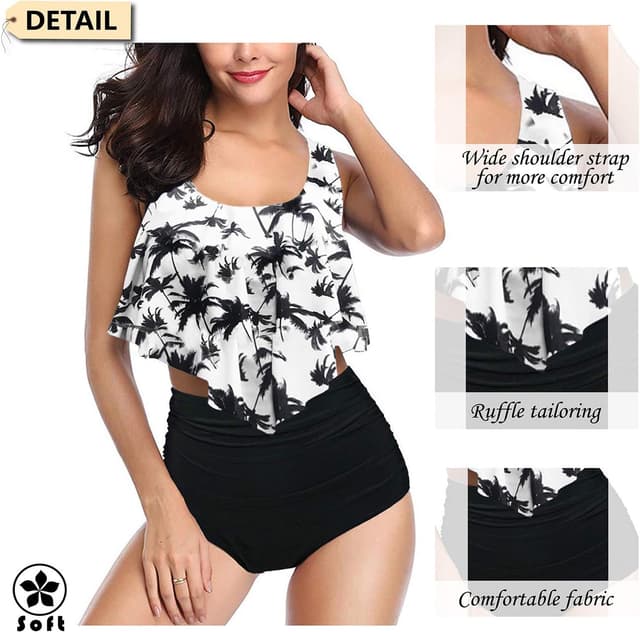 Detalle 2 de Maillot de bain femme Aidotop 2 pièces vintage à volants, taille haute floral