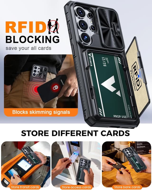 Detalle de Vizvera Galaxy S26 Ultra Case with Sliding Camera Cover, Card Wallet & RFID Protection (Black)