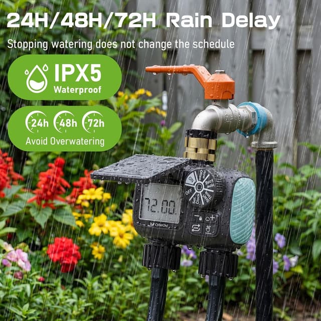 Detalle de Timer per irrigazione solare CyberOrd a 2 zone con ricarica Type-C e modalità auto/manuale