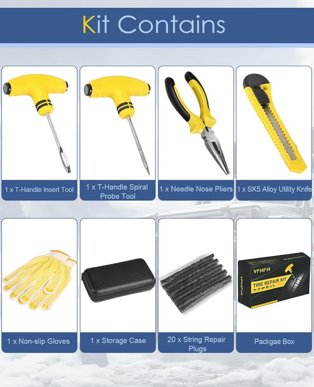 Detalle de VFMFM Tyre Repair Kit with 20 Repair Strings and Storage Case (tubeless emergency puncture fix)
