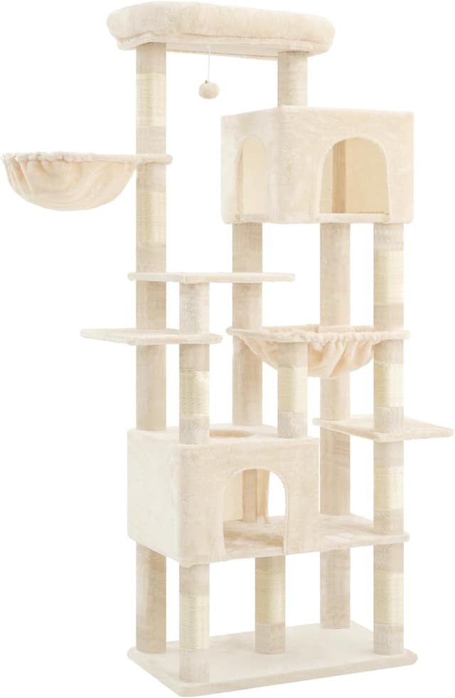 Detalle 2 de Heybly Kratzbaum Groß (193 cm) – mit 2 Katzenhäuschen, Hängematte, Korb und 10 Sisal-Kratzstämmen, Beige HCT039M