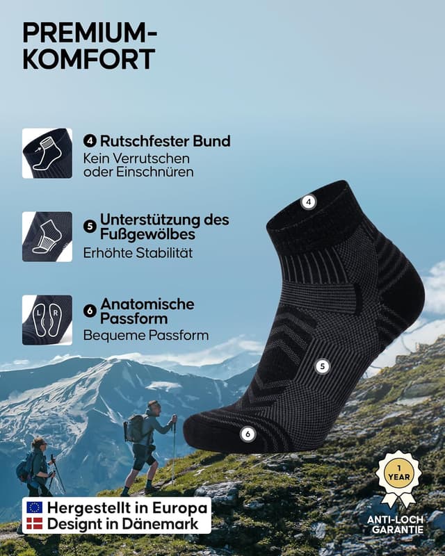 Detalle de DANISH ENDURANCE Kurze Merino Wandersocken mit leichtem Polster (3 Paar) – unisex