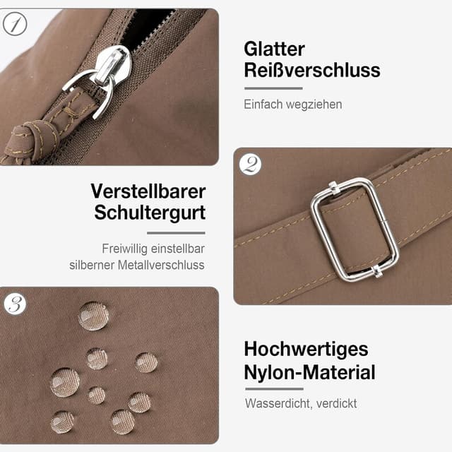 Detalle 2 de VIMUTI Halbmond Umhängetasche Damen – wasserabweisende Nylon Crossbody Bag mit verstellbarem Schultergurt