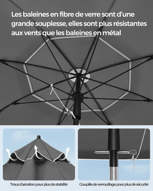 Detalle de SONGMICS Parasol de 200 cm UPF 50+, inclinable 30° et hauteur réglable (sans base) GPU065G01