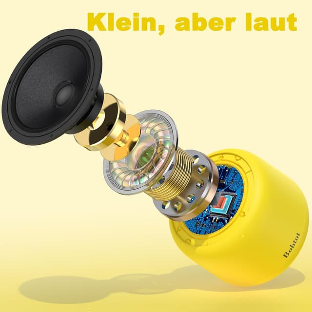 Detalle 2 de Bobtot Tragbarer Bluetooth-Lautsprecher (gelb) – wasserdicht, Stereo-Sound, bis zu 15 Stunden Spielzeit