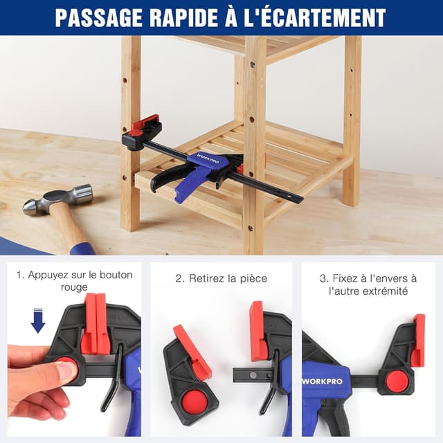 Detalle 2 de WORKPRO : lot de 2 serre-joints à une main en acier et nylon, serrage jusqu’à 150 mm (plage 135–285 mm)