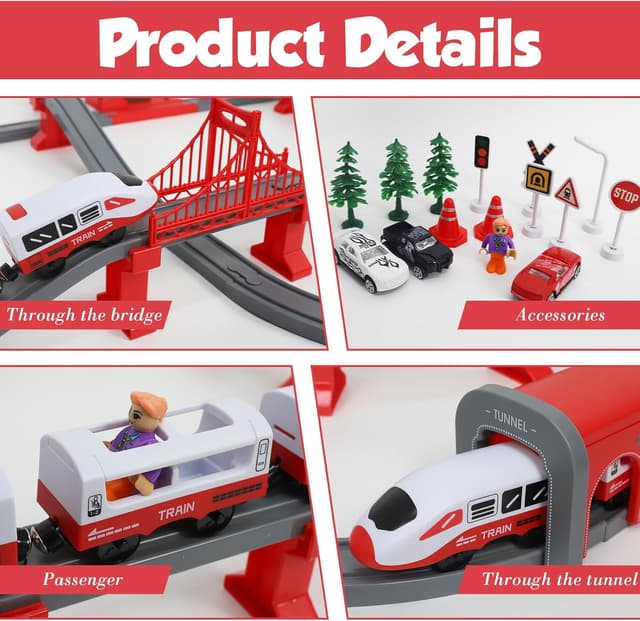 Detalle 2 de XIAPIA 104-piece electric train set with magnetic track pieces, tunnel/bridge and police-theme vehicles (age 3+)