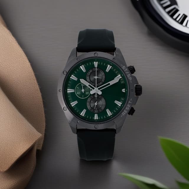 Detalle de NUOVO Herren Analog-Quarzuhr mit Chronographen-Design und grünen Zifferblatt (Silikon- oder Lederarmband)