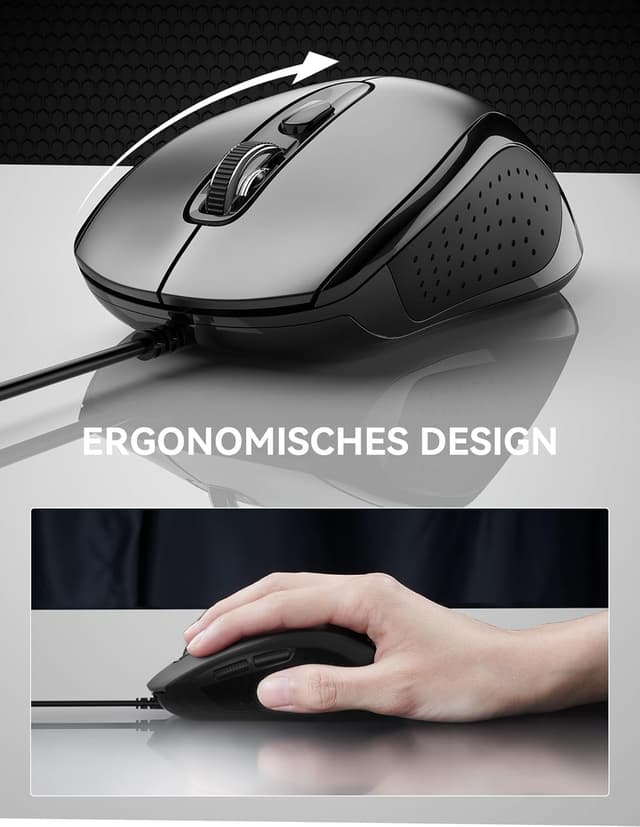 Detalle de TECKNET Maus mit Kabel (6400 DPI) – ergonomische Business-Optik mit 6 Tasten, 4 DPI-Level und USB-Plug&Play (Grau)