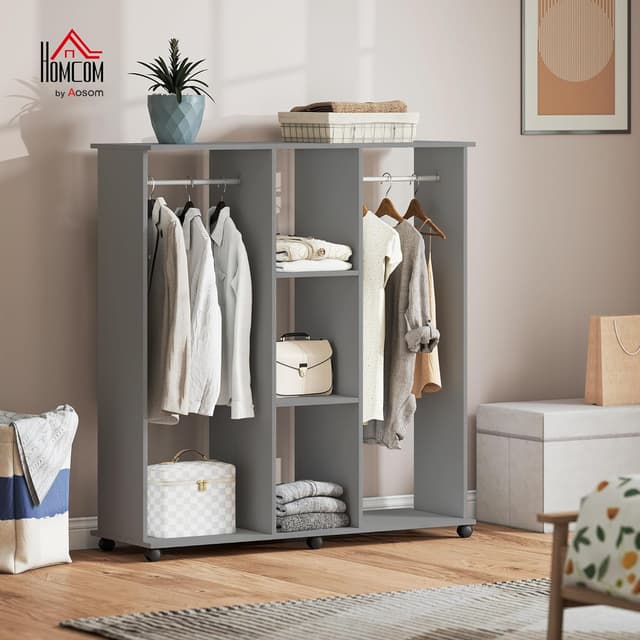 Detalle de HOMCOM armoire penderie ouverte mobile en bois gris, rails aluminium et 6 roulettes (120 x 40 x 128 cm)