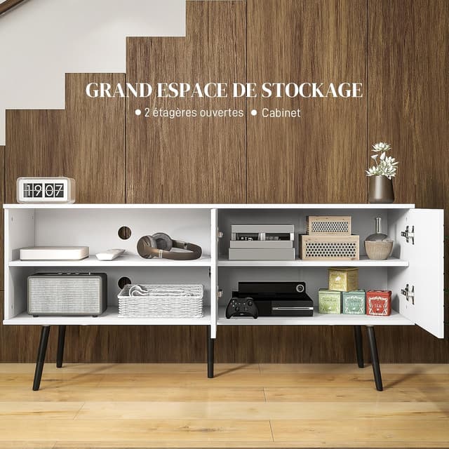 Detalle de HOMCOM Meuble TV blanc pour téléviseur jusqu’à 65 pouces, 2 compartiments ouverts et étagère réglable