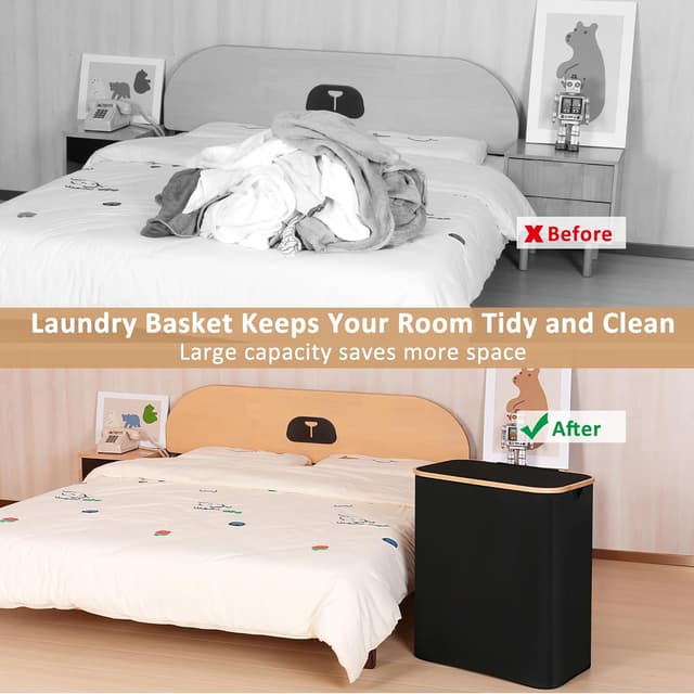 Detalle de iEGrow großer Wäschekorb mit Deckel (150 l) und 2 Fächern, faltbar mit herausnehmbaren Innentaschen – Schwarz