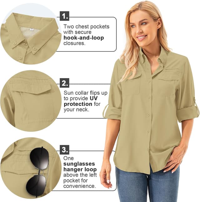 Detalle de Womens UPF 50+ UV Sun Protection Safari Long Sleeve Shirt for Fishing, Hiking, Gardening