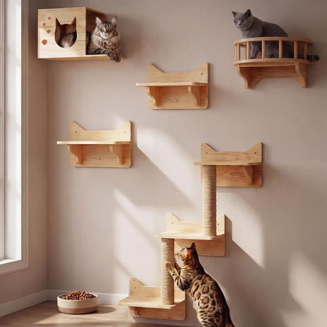 Thumbnail 6 de Set da parete per gatto arrampicata con 1 casa, 1 scala a ponte, 3 pali antigraffio e 5 gradini