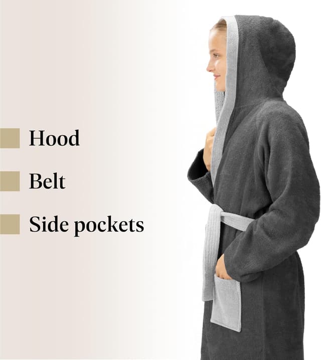 Detalle de HOMELEVEL Kinder-Bademantel aus Frottee-Baumwolle mit Kapuze und Gürtel
