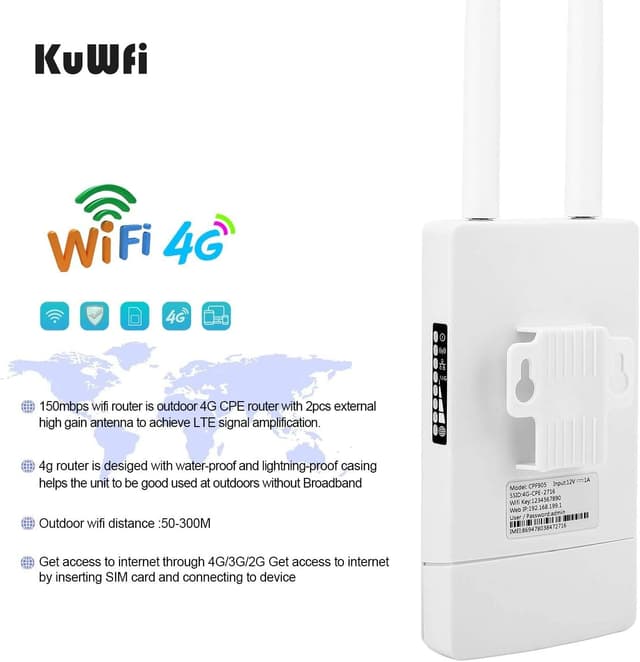Detalle de KuWFi CPF905 Router 4G LTE CAT4 150Mbps esterno con slot SIM e antenne duali