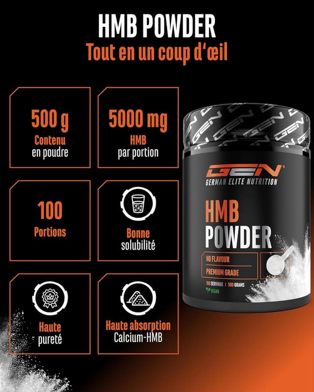 Detalle de Poudre de HMB Calcium-HMB haute pureté – 500 g (100 portions, vegan, sans additifs)