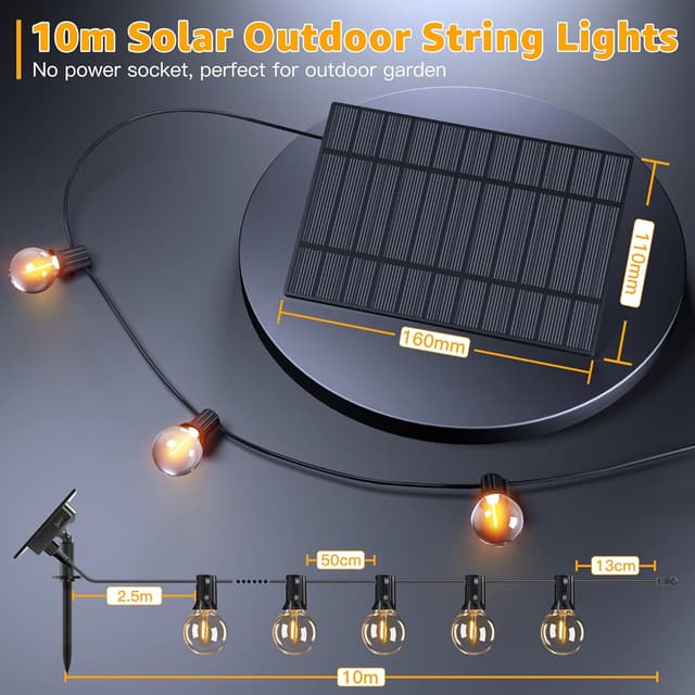 Detalle de Ollny Solar Outdoor Festoon Lights (10m) with Remote, 16+1 G40 Shatterproof Bulbs, IP-rated